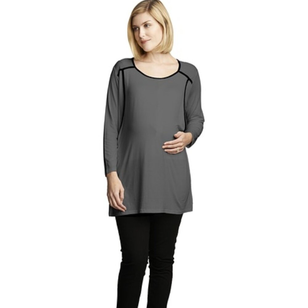 Maternal America Maternity Piping Detail Nursing Top- Charcoal & Black Nwt